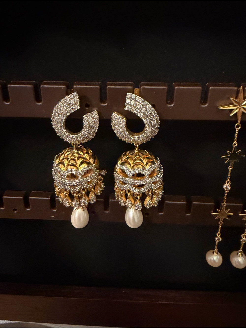 Gold and White Pearl Jhumka Earrings with Crystal Pave Accents